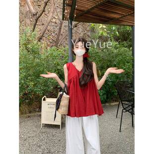 设计感小众气宽9250WQY无袖 法式 心质松黑色v领背衬衫 女夏季 娃娃衫