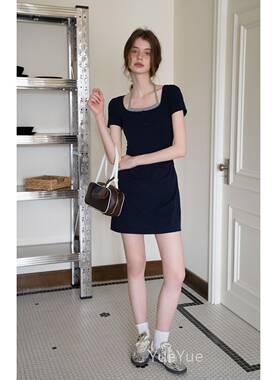 EGGA复古美式假两K件挂脖E25D1579绑连衣裙女夏季收腰修方领身气