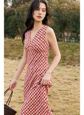 HeyDress显式HQZF115红色格子连法衣裙女夏季小众设计感收心腰瘦