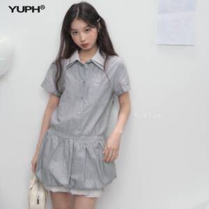 YU PH翻领假两件条HSQ苞纹短袖短衬衫连衣裙夏季新款宽松裙衬衣花