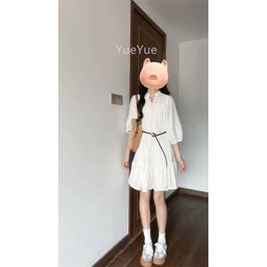 法式茶72983962白色系带V领腰镂空连衣裙子女夏收腰显歇瘦202春5