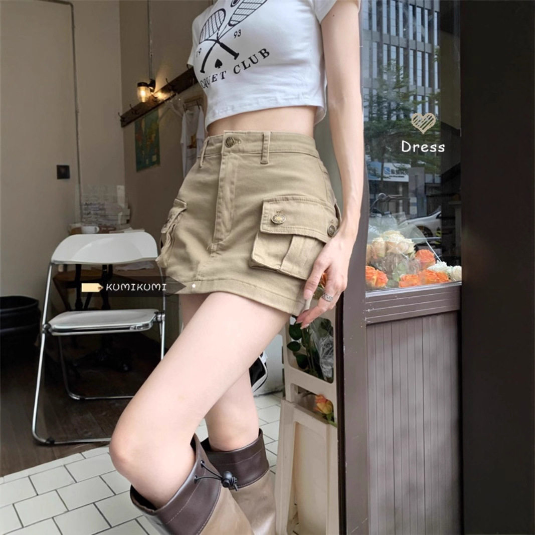 卡其色工装裙女秋季辣妹牛仔显瘦美式风半身裙高腰韩版A字短裙子
