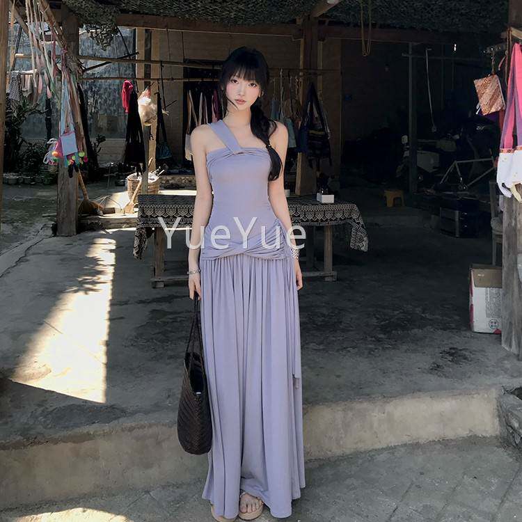 下周六 女XS8194季子紫色辣妹夏长裙性感一字肩裙挂露脖吊带单肩