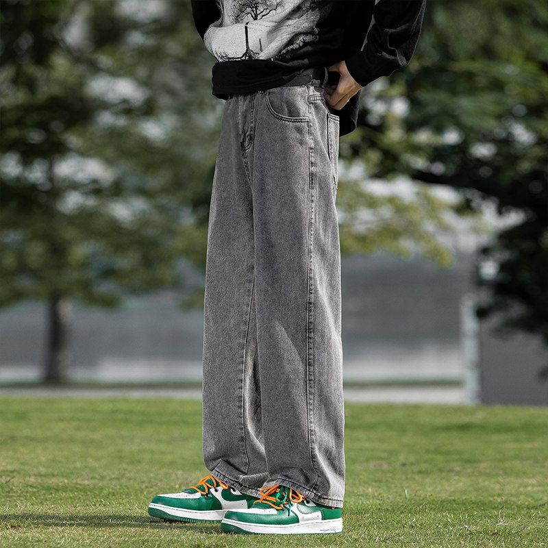 烟灰色牛仔裤男2026春季宽松阔腿裤子ins潮牌港风高街直筒长裤子