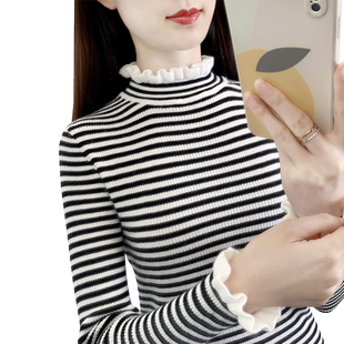 半高领毛衣女打底衫春秋2025年新款荷叶边内搭上衣修身条纹针织衫