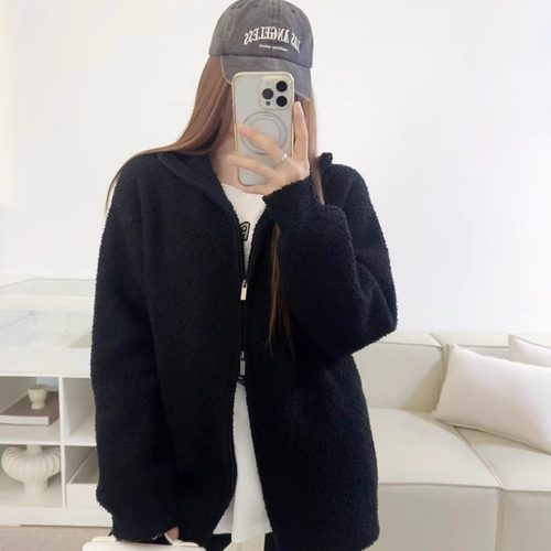 PEACHZHOU半边绒宽松拉链外套