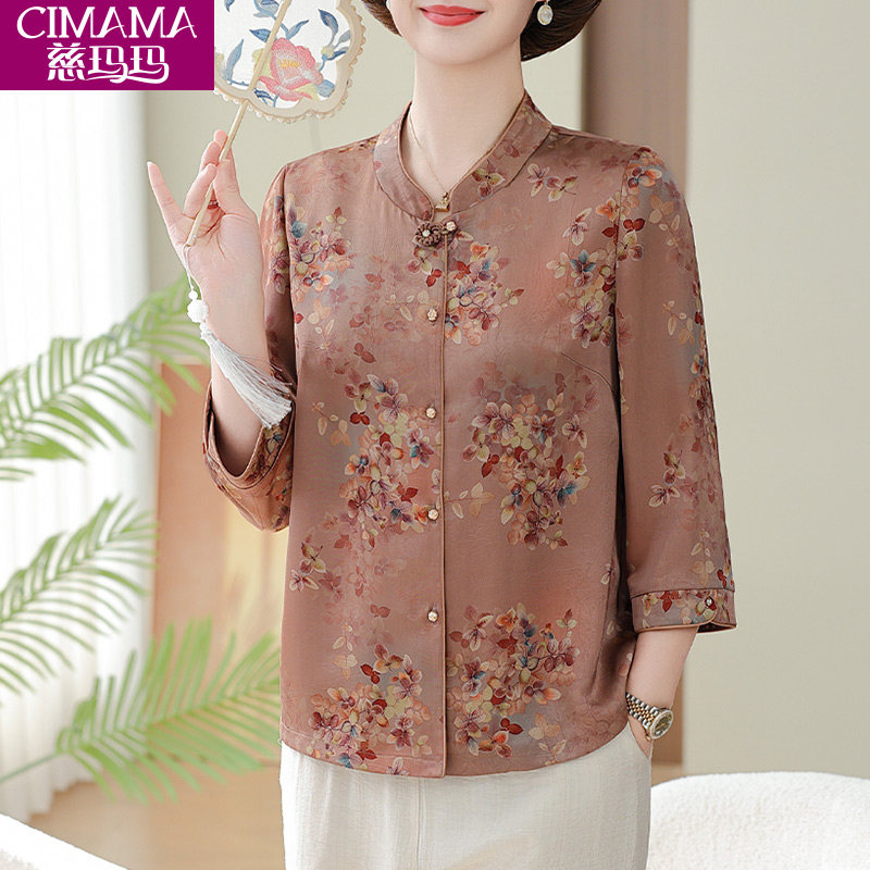 洋气妈妈春夏装半袖雪纺衬衣中年妇女碎花高贵上衣中老年人薄衬衫