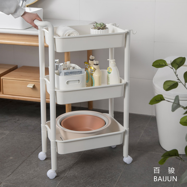 三层小推车带轮白色塑料浴室夹缝