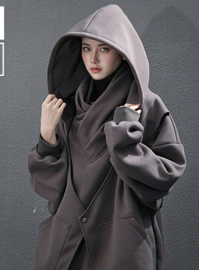 吉业重工秋冬新款重磅刺绣高领假两件连帽卫衣男女宽松巫师帽上衣