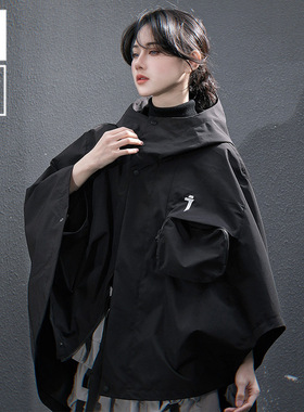 吉业重工春秋机能风工装斗篷外套男女嘻哈潮流休闲连帽披风夹克