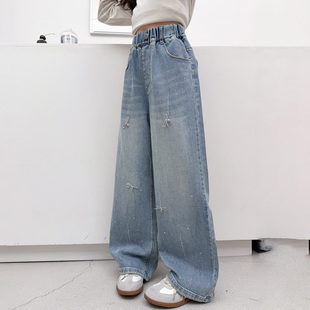 女童春秋裤子2026新款亮钻蝴蝶结阔腿裤中大儿童烫钻亮闪闪牛仔裤