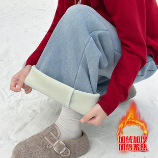 女童加绒加厚直筒牛仔裤秋冬2025新款儿童窄版显瘦初中生阔腿裤子