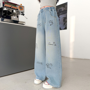 女童裤子春秋2026新款KT猫烫钻阔腿裤儿童中大童时髦百搭牛仔裤潮