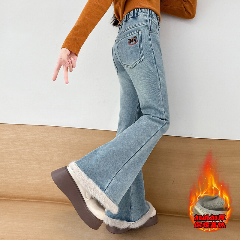 女童加绒牛仔喇叭裤2025秋冬新款中大童女孩保暖长裤儿童微喇裤子