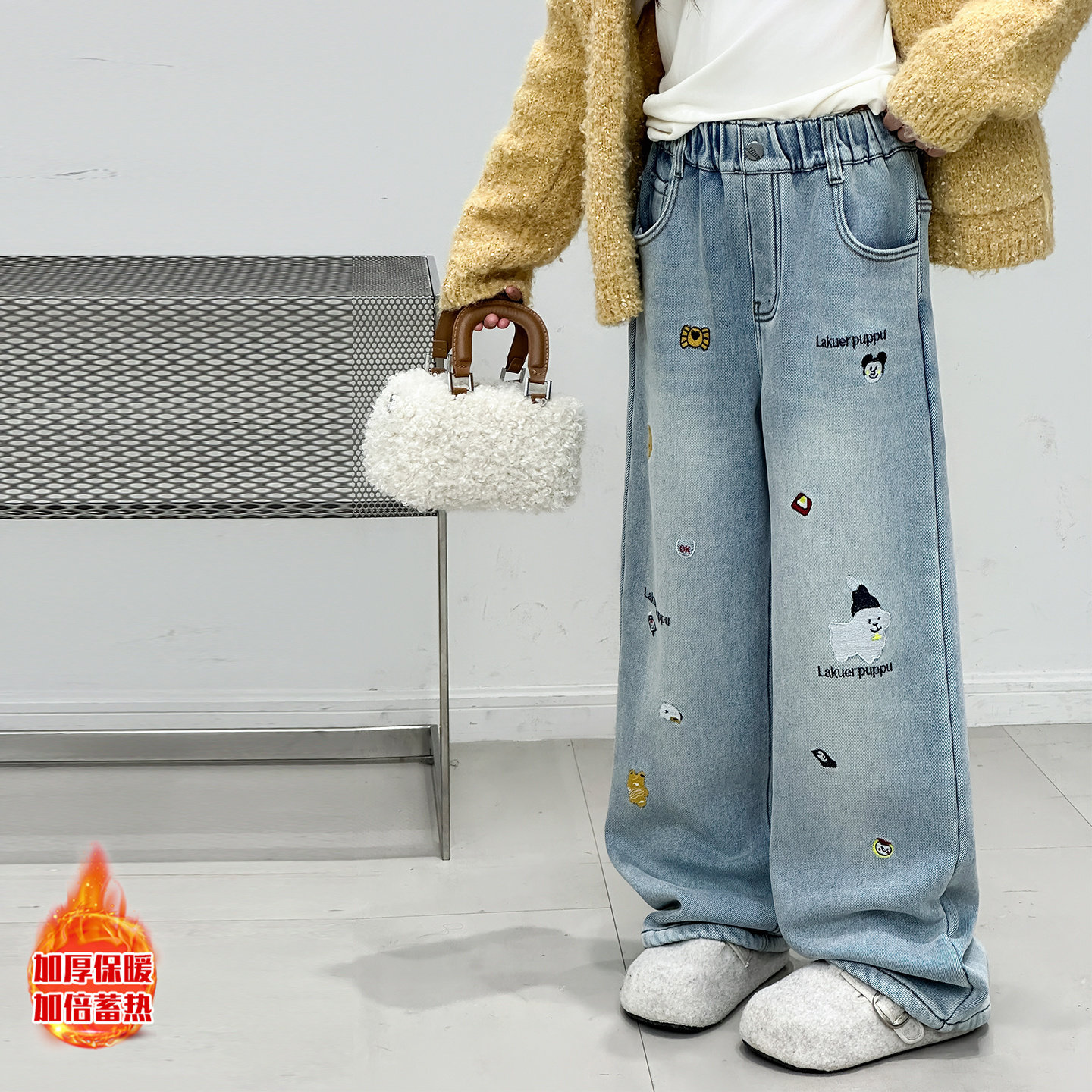 女童秋冬加绒牛仔裤直筒阔腿裤宽松休闲长裤加厚