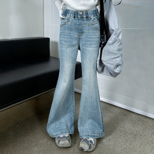 女童春秋2026新款烫钻亮闪闪喇叭裤女孩中大童时尚亮钻洋气牛仔裤