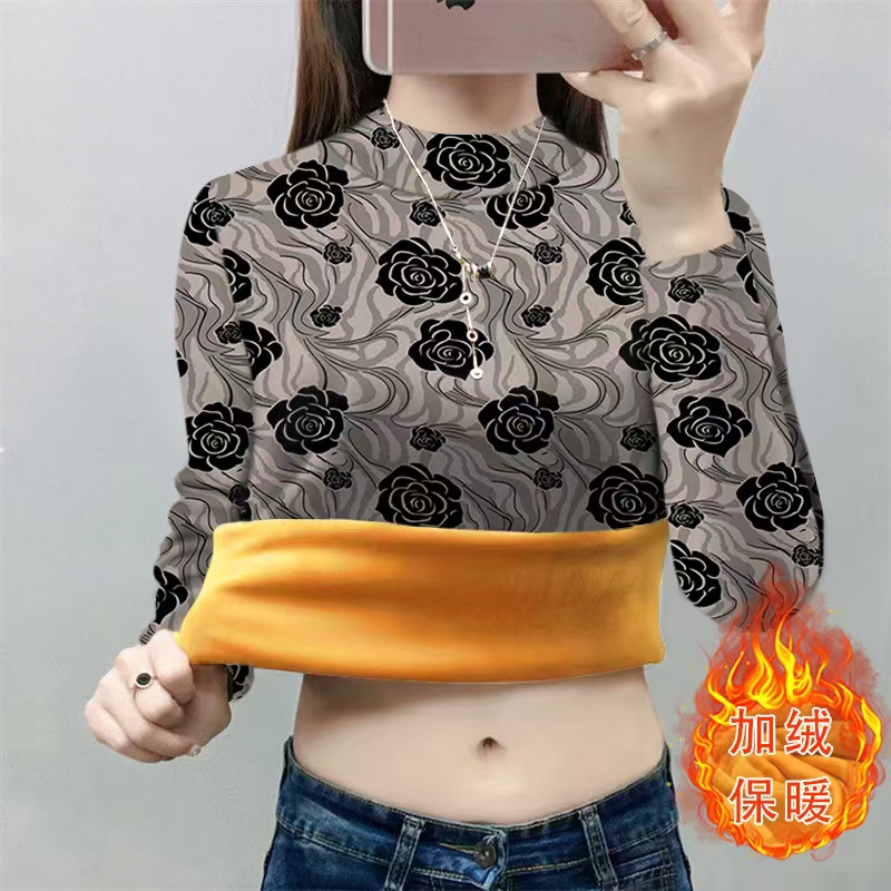 加绒加厚一体绒妈妈装2025冬季新款中老年时尚印花长袖T恤保暖衣
