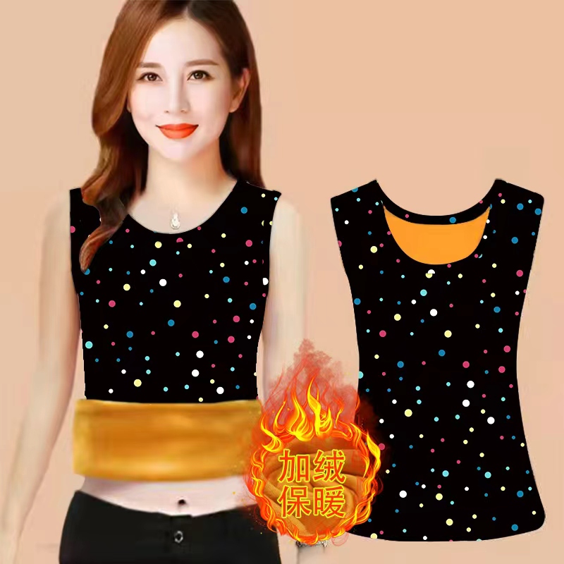 一体绒中老年妈妈无袖保暖背心女冬季新款时尚圆点加绒内搭上衣