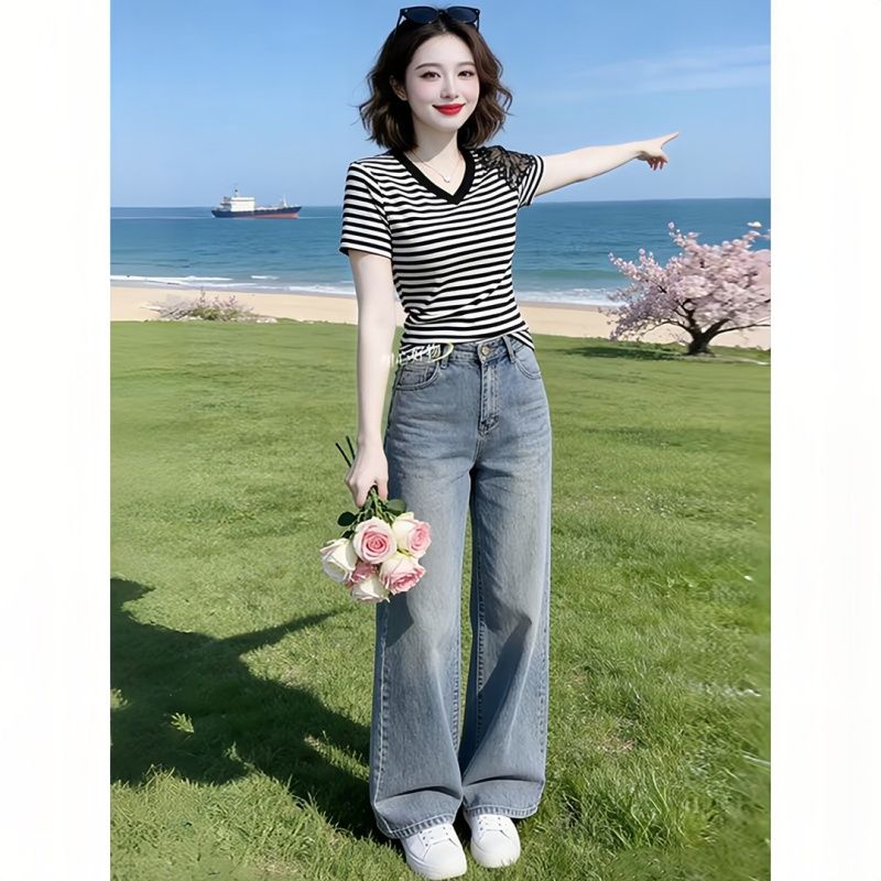 夏季修身条纹撞色正肩T恤女V领网纱拼接显瘦遮肚气质百搭通勤上衣