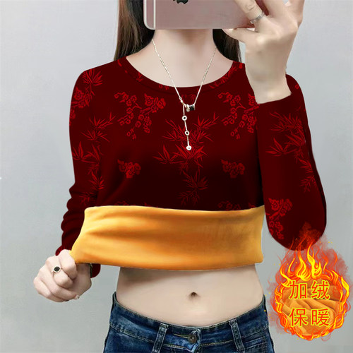 保暖长袖加绒打底衫女外穿秋冬休闲百搭中老年妈妈加厚t恤衫奶奶