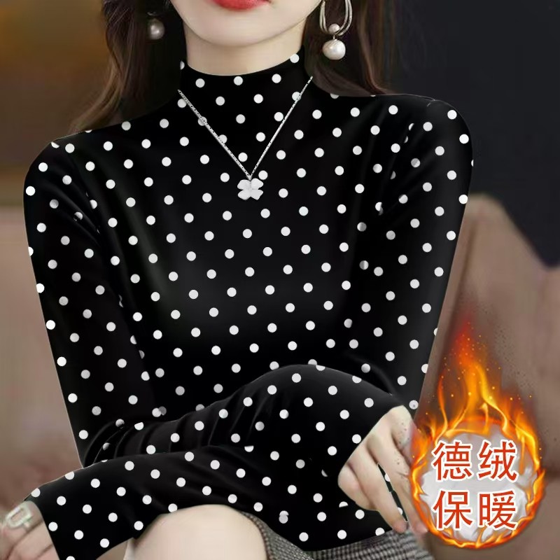 双面德绒半高领打底衫女秋冬季修身保暖妈妈长袖波点上衣内搭外穿