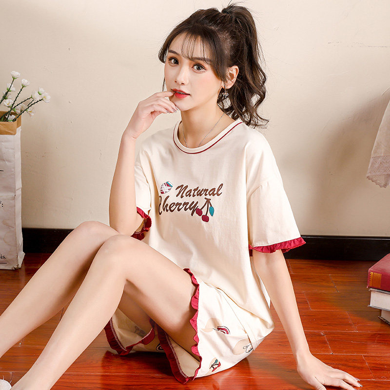 睡衣女夏季两件套短袖短裤纯棉时尚甜美可外穿夏款薄款家居服套装