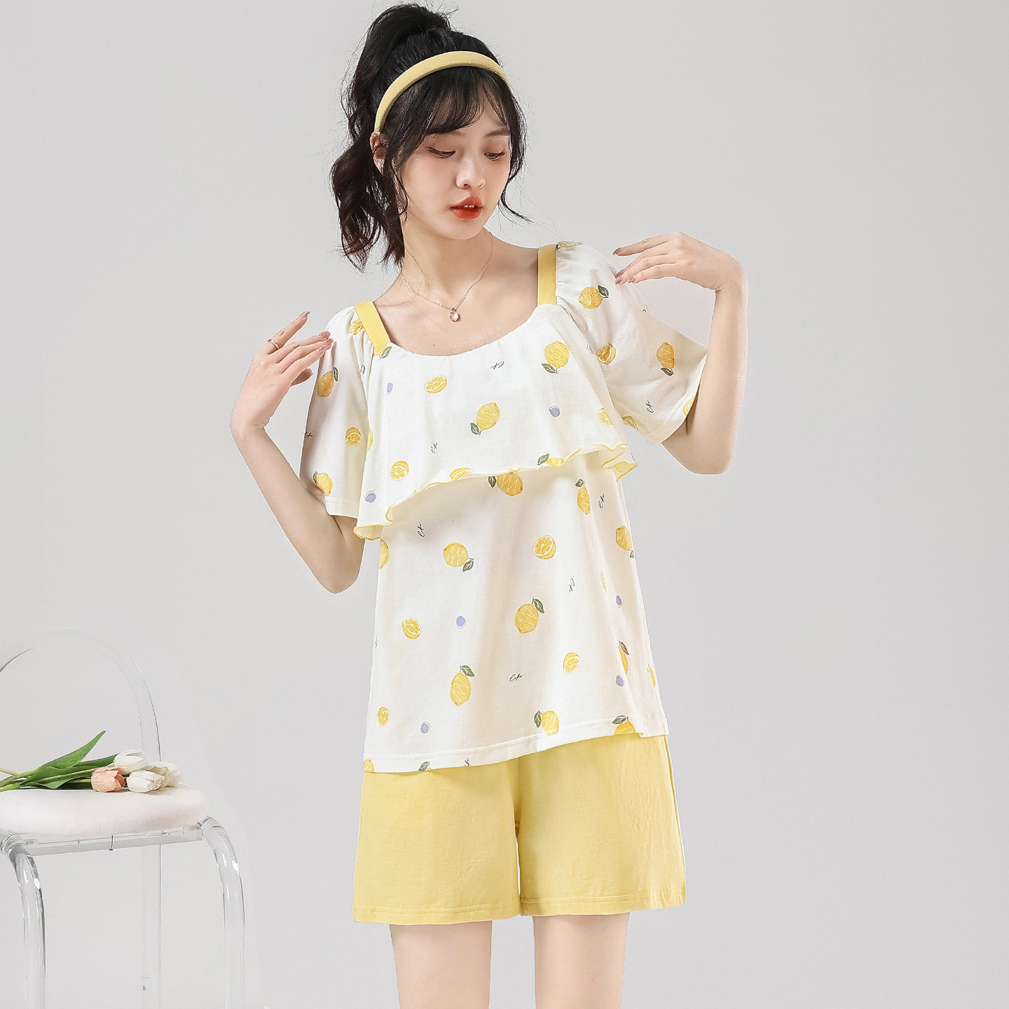 耶蒂女夏纯棉薄款睡衣双层防凸点图片