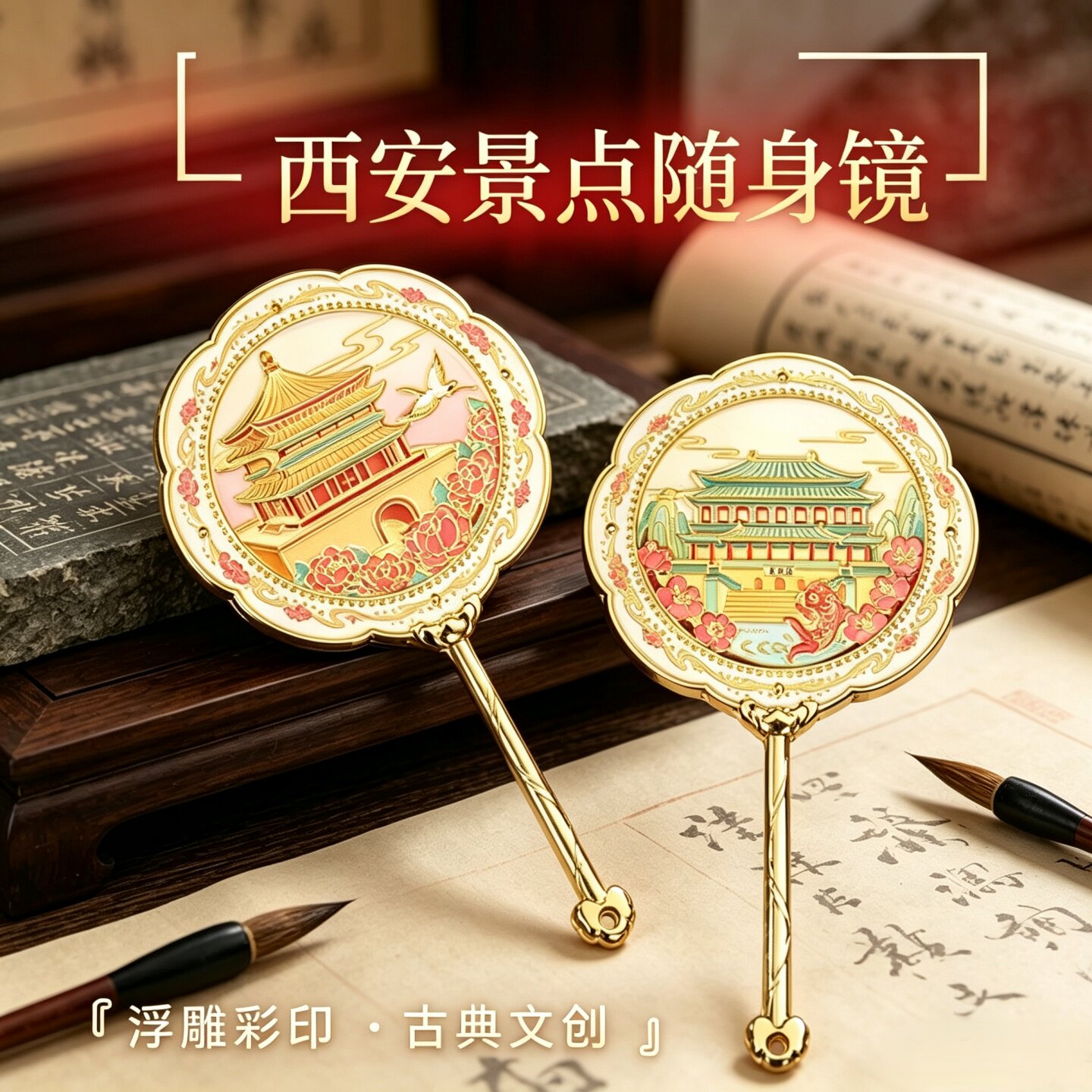 西安文创国潮化妆镜旅游复古风金属手柄随身镜纪念伴手礼工艺品