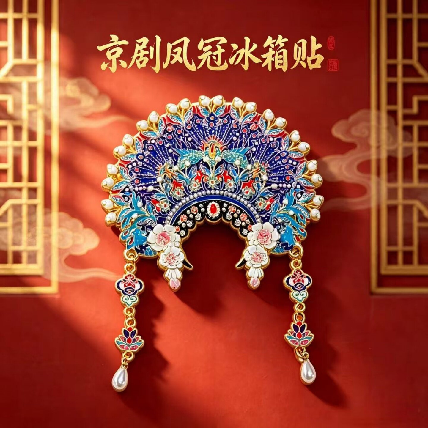 北京纪念品京剧凤冠冰箱贴中国风传统文化创意磁贴珍珠流苏装饰贴