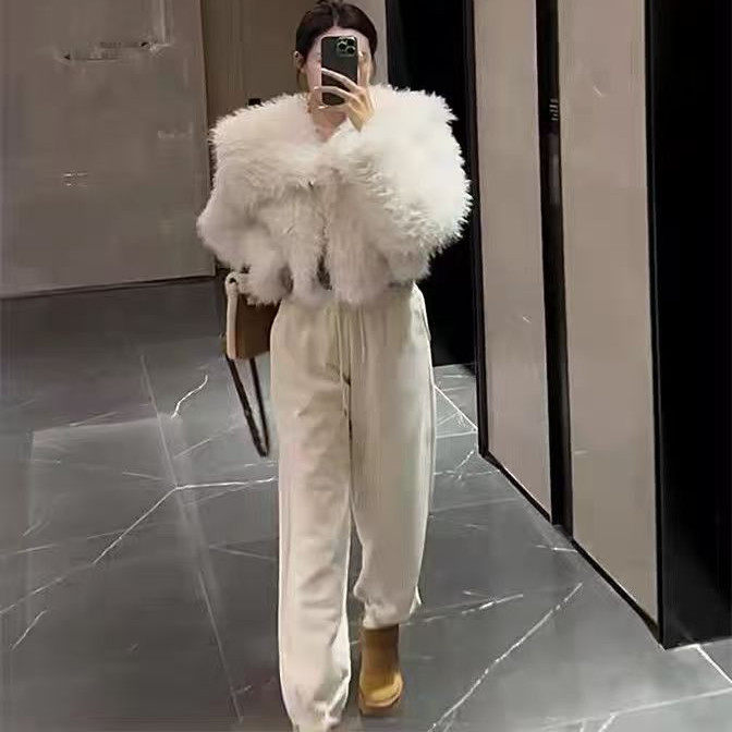 洋气时尚超短仿羊毛羔外套女2026新款大方领休闲夹克宽松毛毛上衣