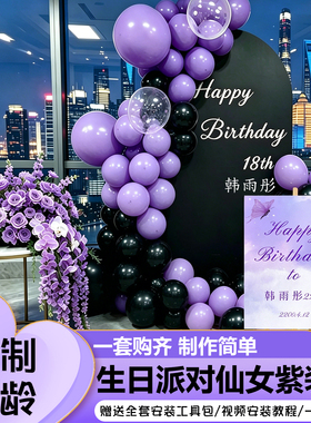 炫酷紫色18岁成人礼生日场景布置装饰女孩气球KT板酒店包厢汽球