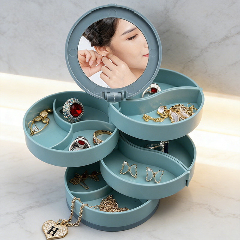 旋转耳环首饰盒多层耳饰收纳盒小精致耳钉项链饰品架带镜子防尘盒,收纳整理,首饰盒,淘宝优惠券,粉丝福利购,淘宝优惠卷