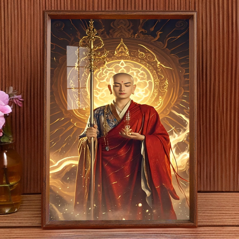 地藏王菩萨画像摆台家用结缘佛像立架摆台实木相框装饰画高清摆台