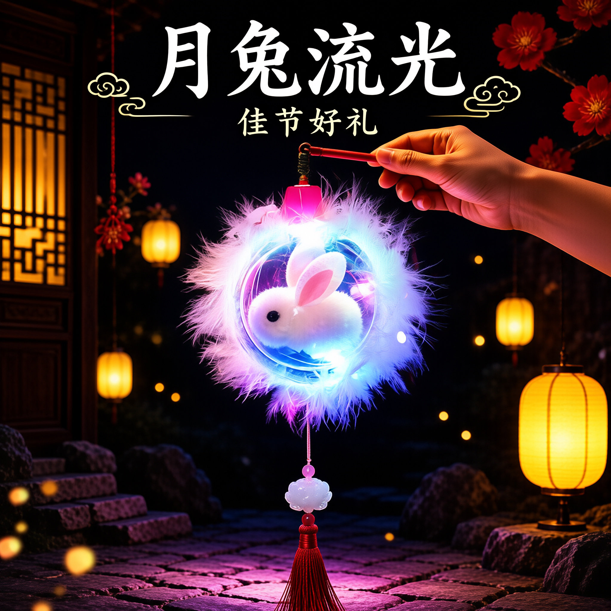 新年春节灯笼波波球兔子灯儿童手提发光幼儿园过年元宵玉兔小花灯图片