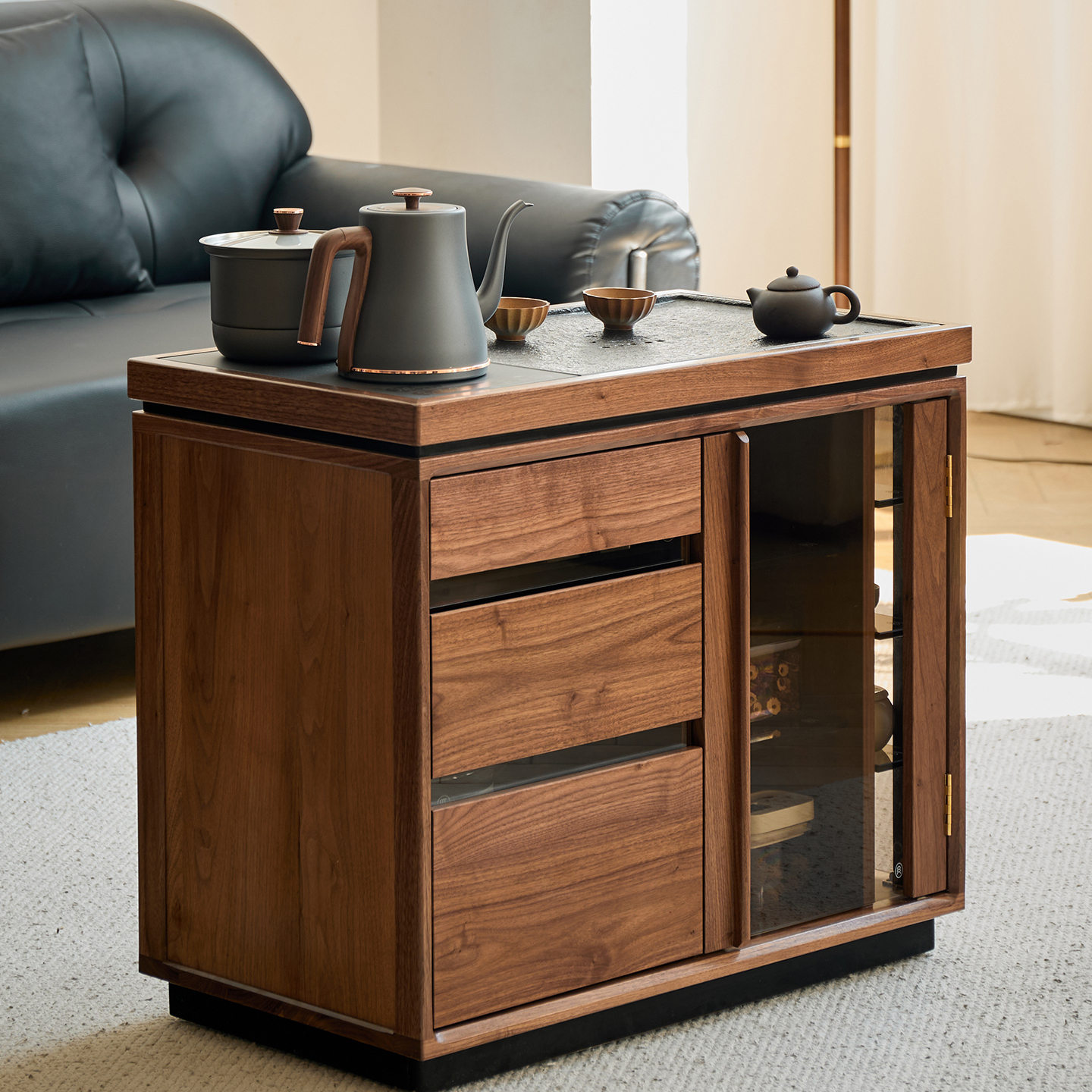 实木移动茶水柜新中式黑胡桃木
