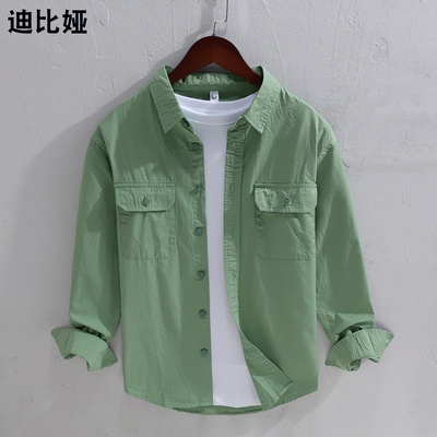 迪比娅秋季工装风外穿衬衫男士双口袋纯色纯棉上衣内搭衬衫长袖C