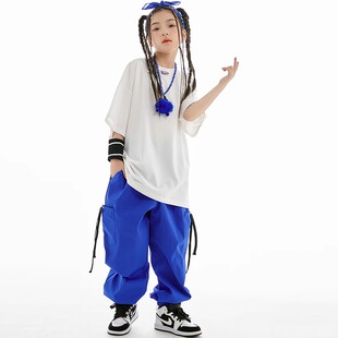 街舞儿童潮服酷帅套装演出服男女童hiphop炸街夏季白色短袖表演服
