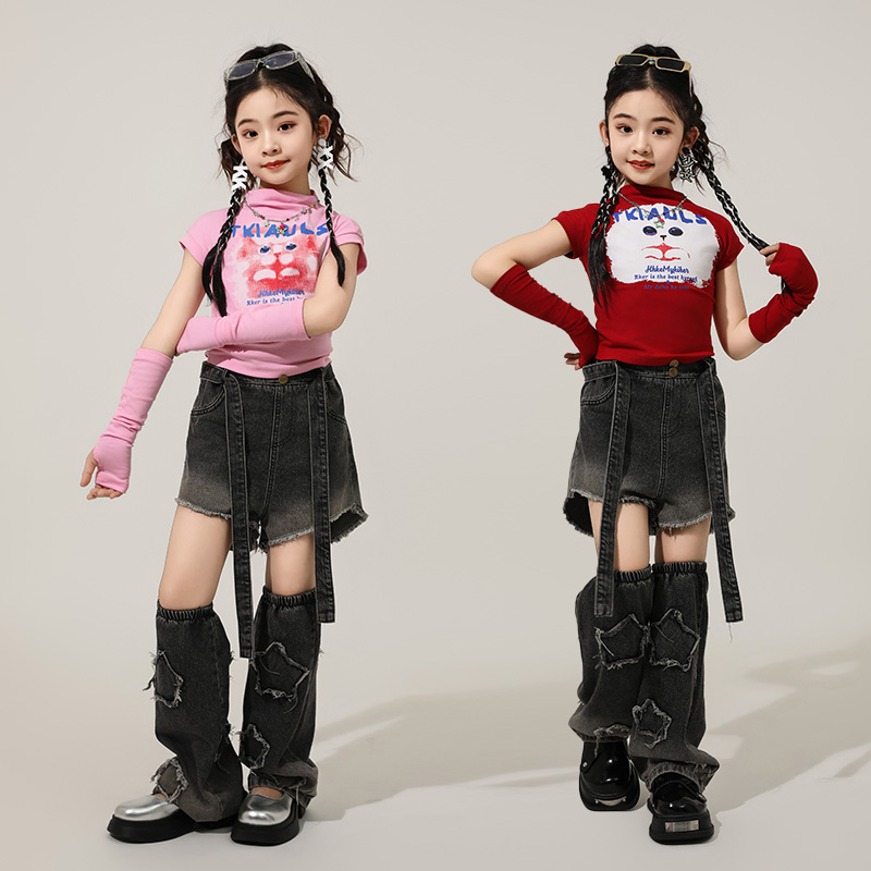 女童两节牛仔裤套装爵士舞演出服女童潮流街舞酷帅走秀炸街表演服