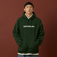 WASSUP春秋2019亮橙荧光绿新品四色植绒印花加绒厚连帽套头卫衣男