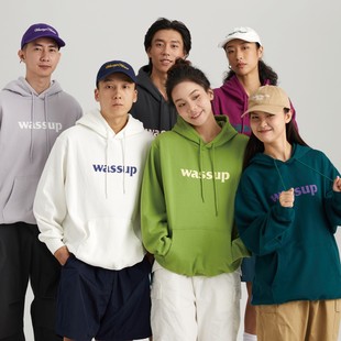 重磅宽松加绒上衣秋冬 潮美式 WASSUP基础logo卫衣男女情侣装 帽衫