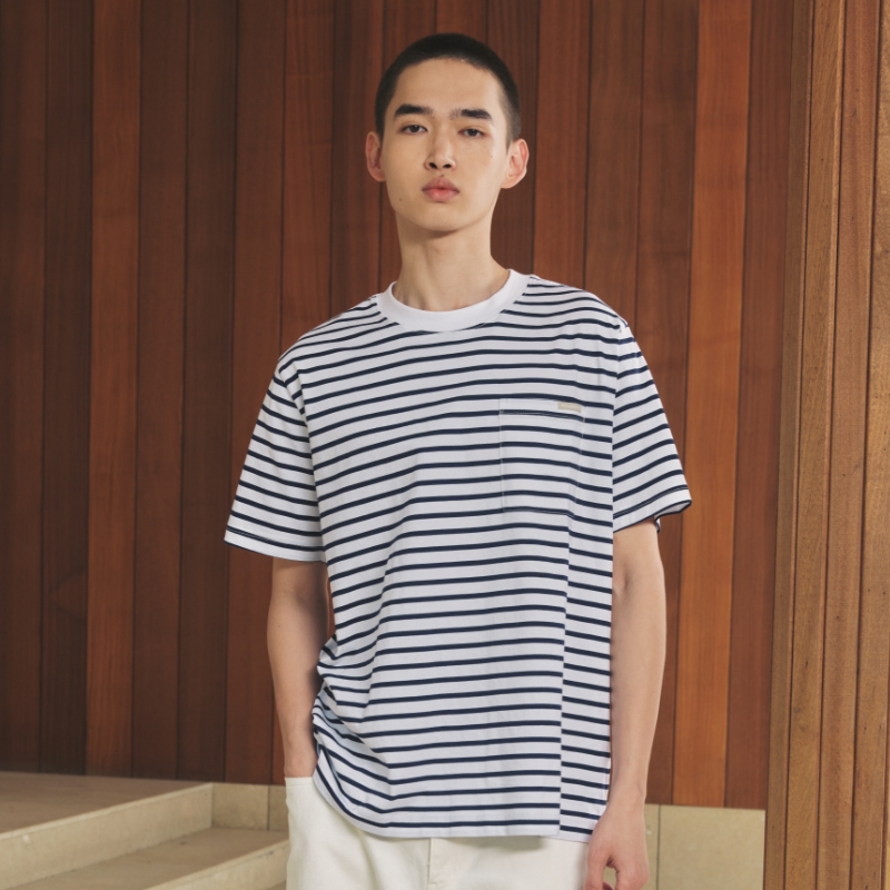 WassupHouse纯棉条纹口袋短袖T恤