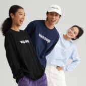 t恤男情侣打底衫 WASSUP 基础印花圆领长袖 简约宽松纯棉白色上衣女