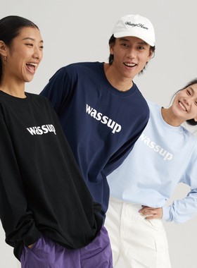 WASSUP 基础印花圆领长袖t恤男情侣打底衫简约宽松纯棉白色上衣女