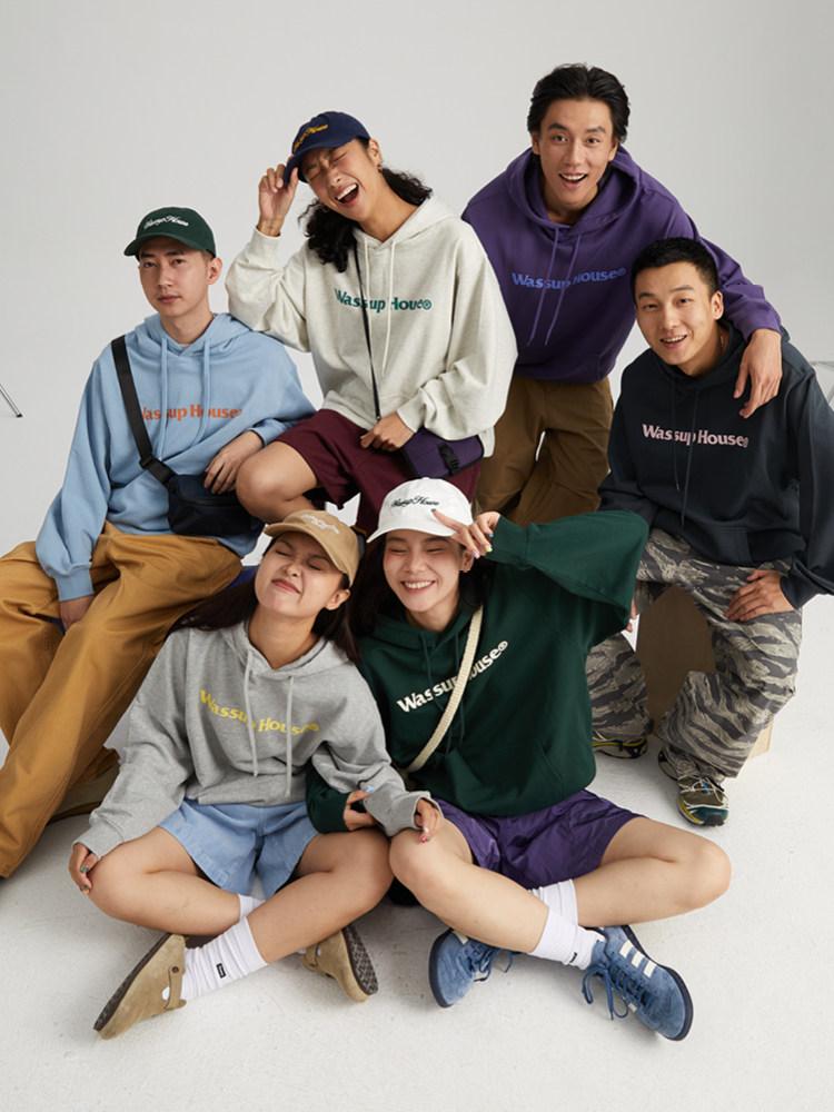 WASSUPHOUSE 기본 대형 로고 프린트 테리 후드 티셔츠 남성 및 여성용 헤비급 캐주얼 커플 탑 트렌디