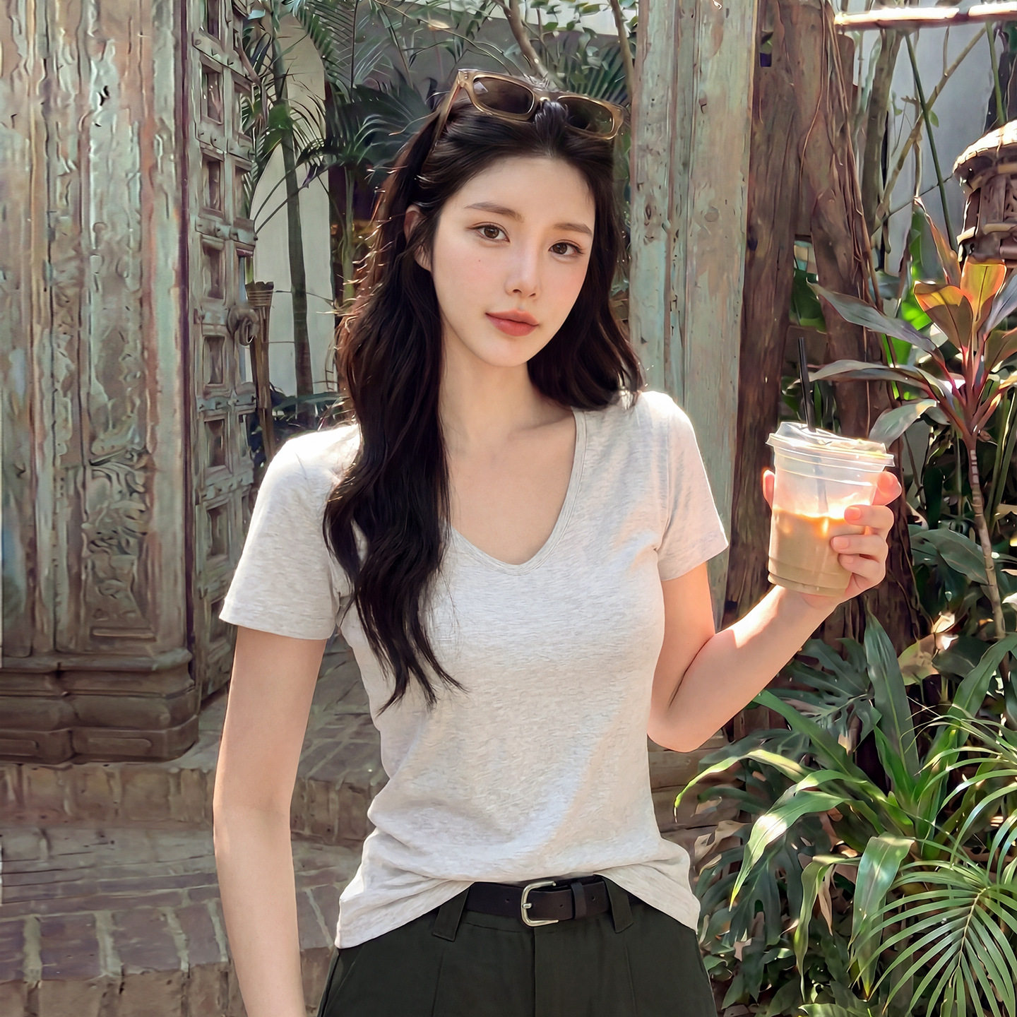 v领短袖t恤女2026新款夏季灰色修身修身弹力正肩打底衫内搭上衣