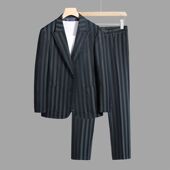 男士 两粒扣西装 韩版 休闲青年英伦大码 两件套潮 修身 竖条纹西服套装