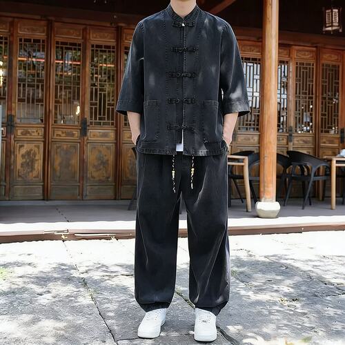新中式牛仔休闲套装男中国风复古大码七分袖衬衫中老年两件套唐装