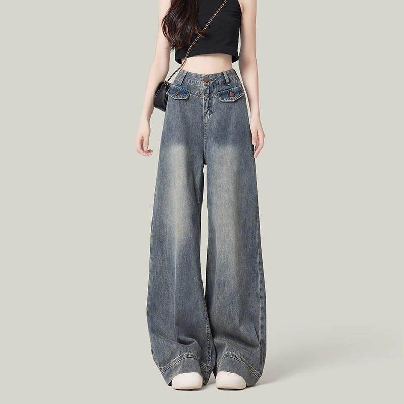 美式复古阔腿牛仔裤女秋冬新款高腰宽松显瘦直筒百搭垂感拖地裤子
