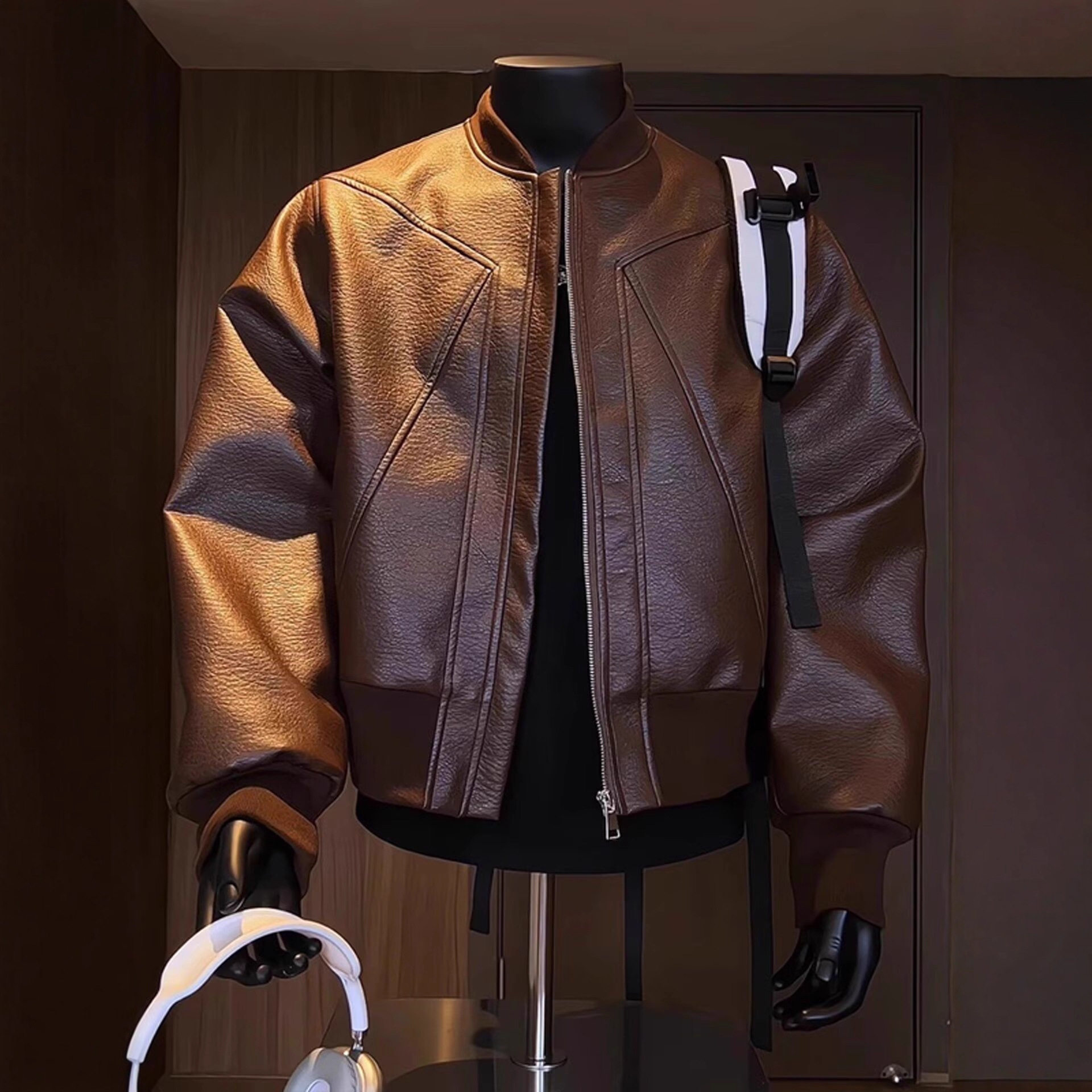 港风复古机车服男秋季痞帅时尚穿搭vintage棒球领pu皮衣夹克外套