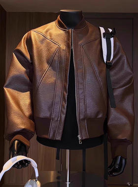 港风复古机车服男秋季痞帅时尚穿搭vintage棒球领pu皮衣夹克外套